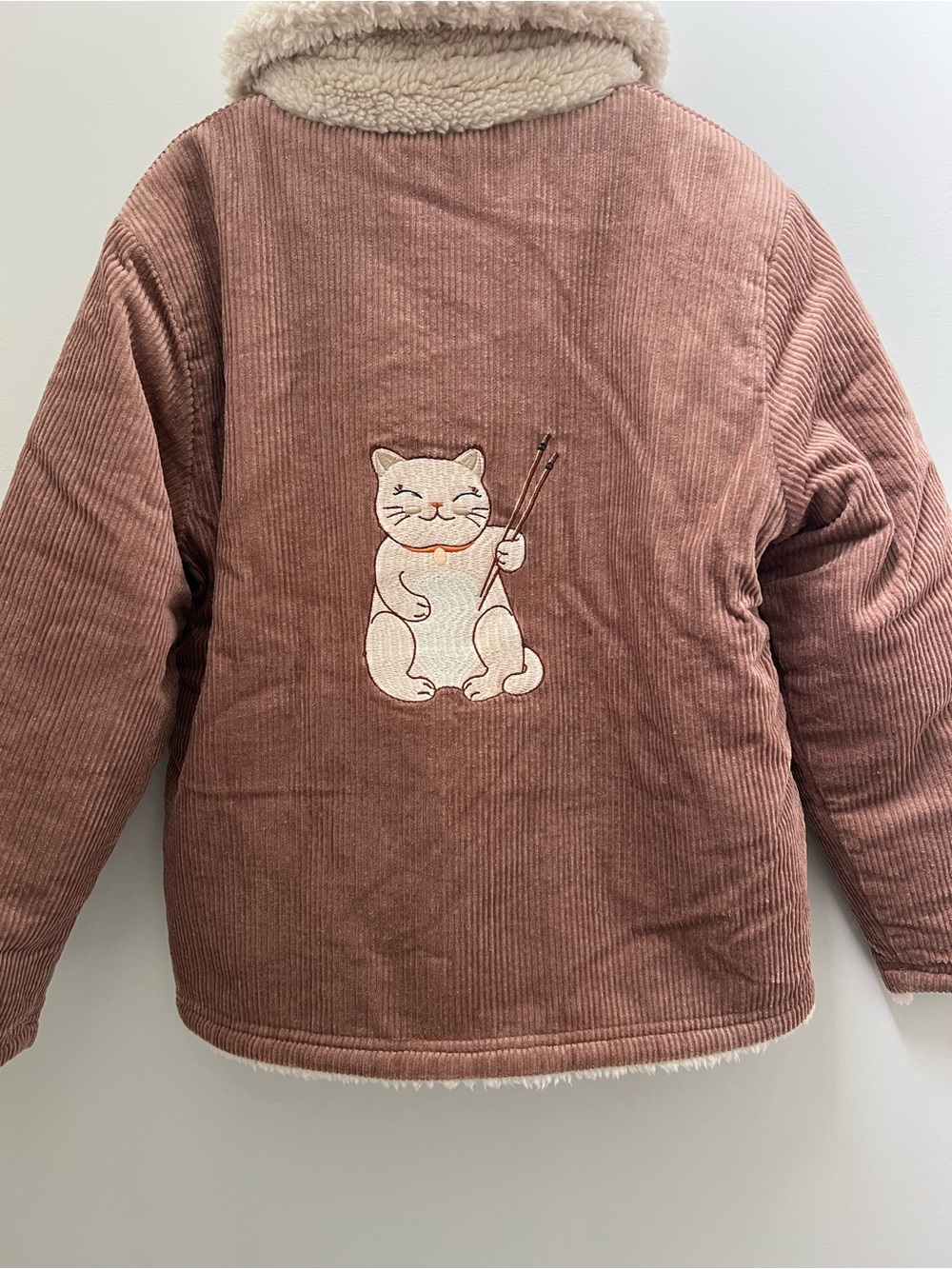Corduroy Sherpa-Backed Kids Reversible Jacket Lucky Cat Embroidery Dusty Rose